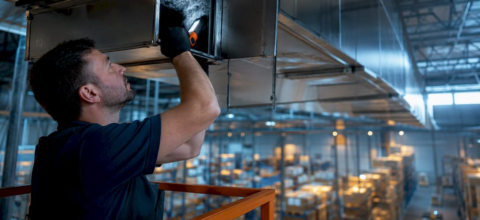 Technician inspecting warehouse ductwork