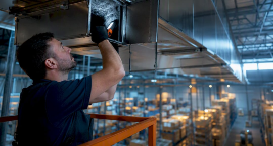Technician inspecting warehouse ductwork
