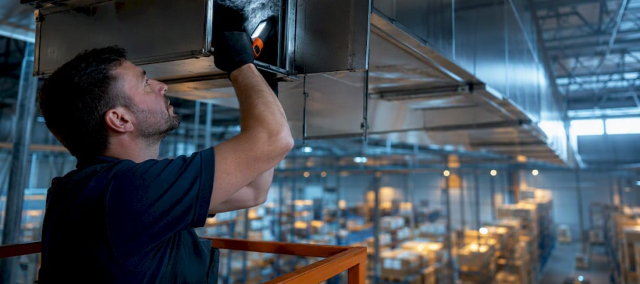 Technician inspecting warehouse ductwork