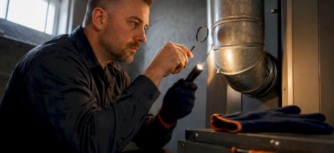 Technician inspecting a gas furnace flue