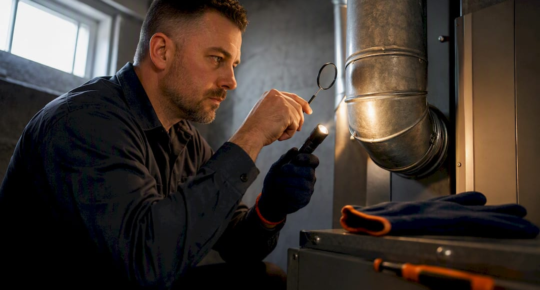 Technician inspecting a gas furnace flue