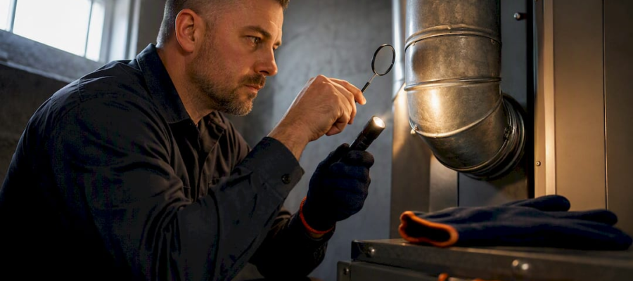 Technician inspecting a gas furnace flue