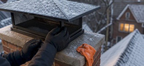 Technician inspecting chimney cap on snowy roof