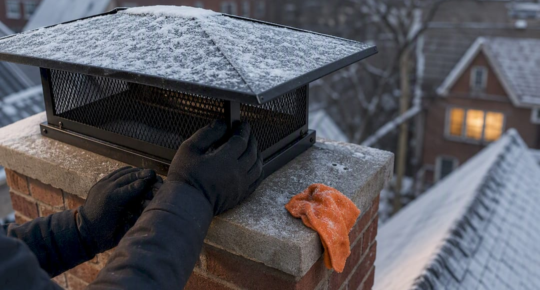 Technician inspecting chimney cap on snowy roof