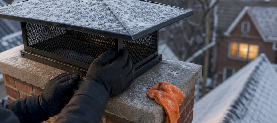 Technician inspecting chimney cap on snowy roof