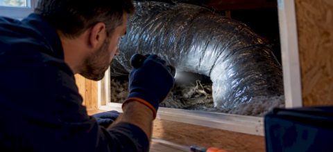 Technician inspecting animal remains inside ductwork