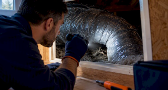 Technician inspecting animal remains inside ductwork