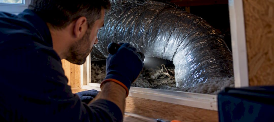 Technician inspecting animal remains inside ductwork