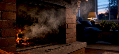 Smoke spilling from a fireplace during backdraft