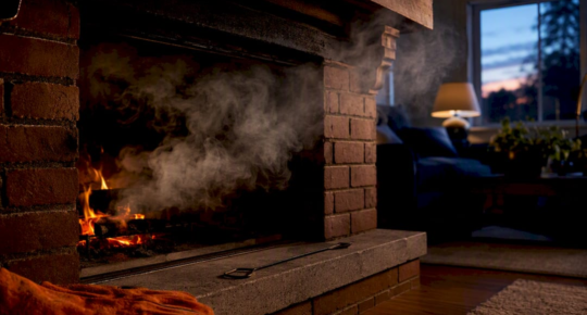 Smoke spilling from a fireplace during backdraft
