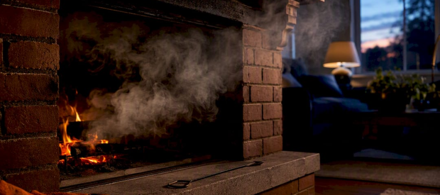 Smoke spilling from a fireplace during backdraft