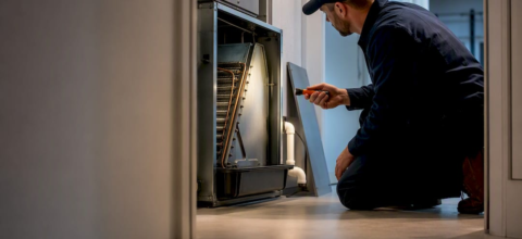 Technician evaluating HVAC UV lamp placement