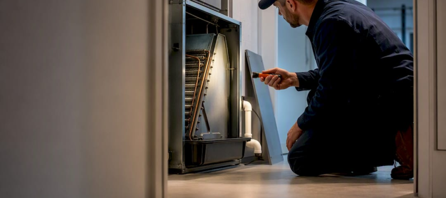 Technician evaluating HVAC UV lamp placement