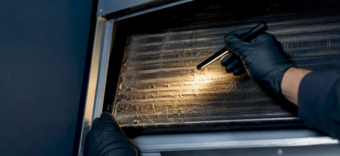 Technician inspecting a dirty evaporator coil