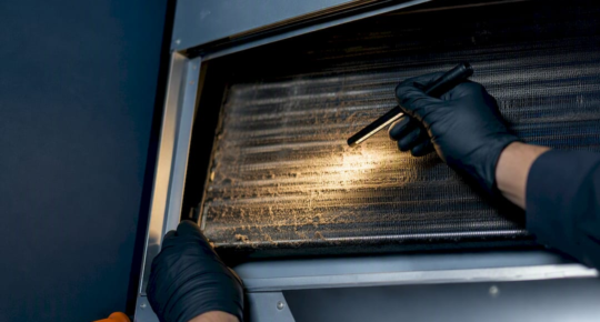Technician inspecting a dirty evaporator coil