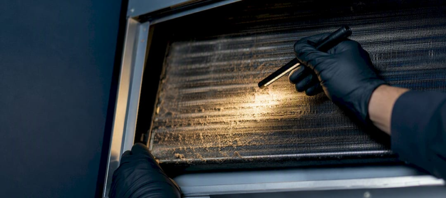 Technician inspecting a dirty evaporator coil