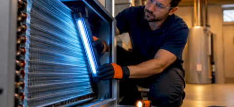 Technician positioning UV-C lamp near coil