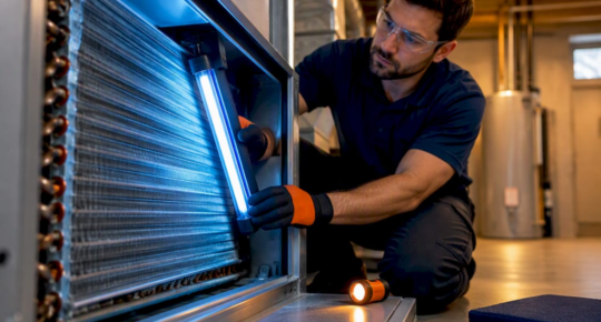 Technician positioning UV-C lamp near coil