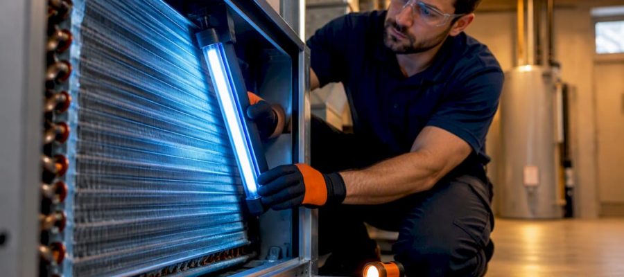 Technician positioning UV-C lamp near coil