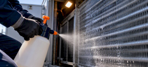 Technician disinfecting exposed HVAC coil fins