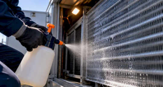 Technician disinfecting exposed HVAC coil fins