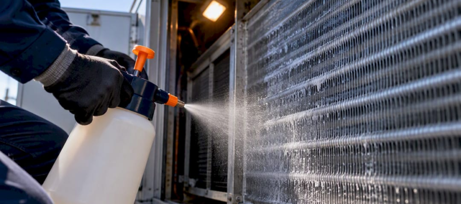 Technician disinfecting exposed HVAC coil fins