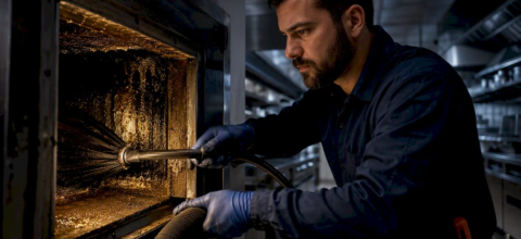 Technician cleaning restaurant HVAC ductwork