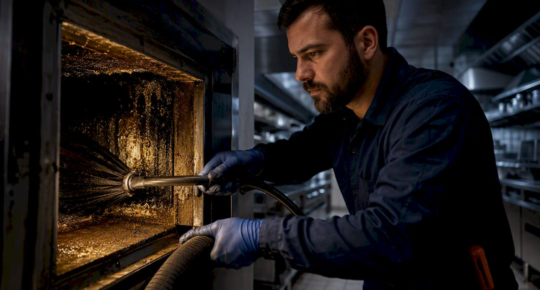 Technician cleaning restaurant HVAC ductwork