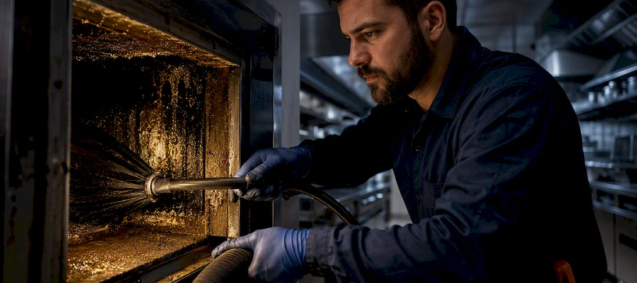 Technician cleaning restaurant HVAC ductwork