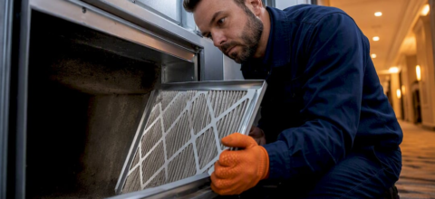Technician inspecting hotel HVAC duct access