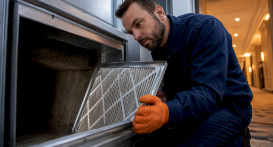 Technician inspecting hotel HVAC duct access