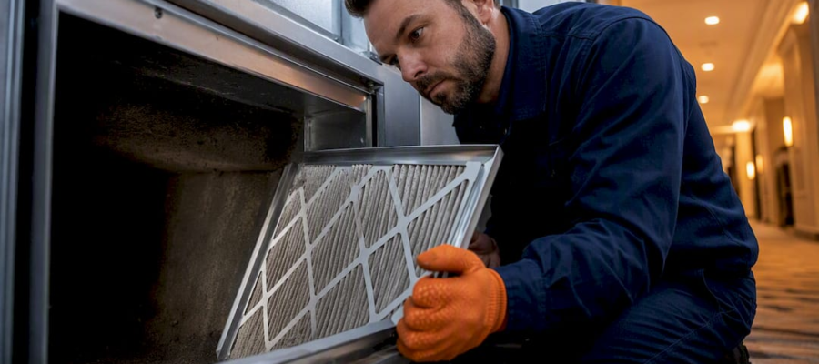 Technician inspecting hotel HVAC duct access