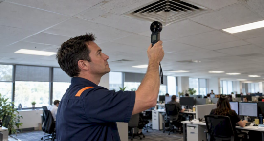 Facility manager checking office diffuser airflow
