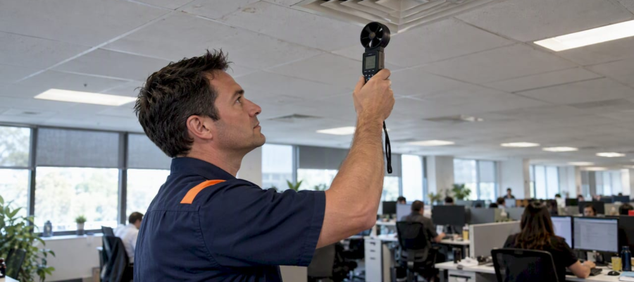 Facility manager checking office diffuser airflow