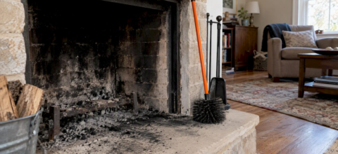 Black soot coating a home fireplace hearth