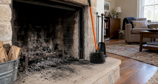 Black soot coating a home fireplace hearth