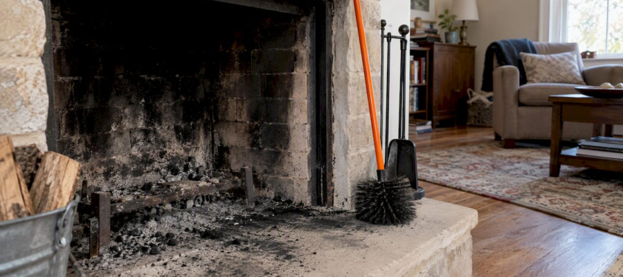 Black soot coating a home fireplace hearth