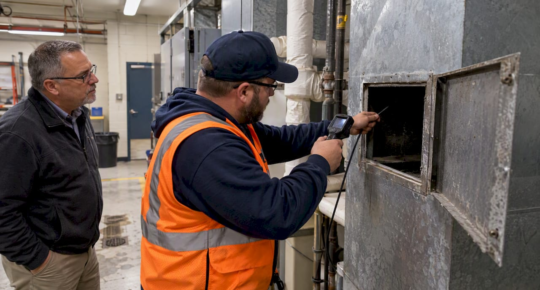 Technician verifying school duct condition