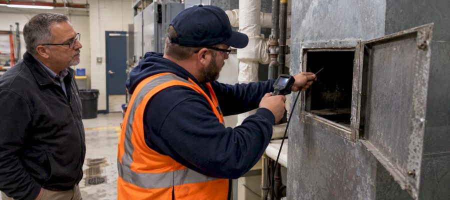 Technician verifying school duct condition