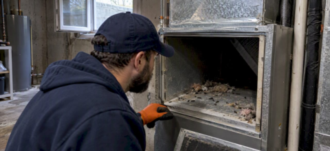 Open HVAC duct with rodent droppings