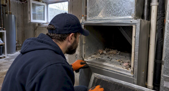 Open HVAC duct with rodent droppings
