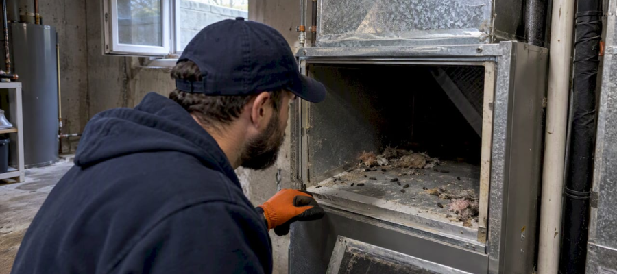 Open HVAC duct with rodent droppings