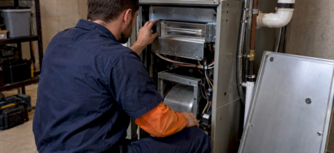 Technician inspecting shielded HVAC UV-C lamp