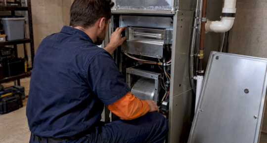 Technician inspecting shielded HVAC UV-C lamp