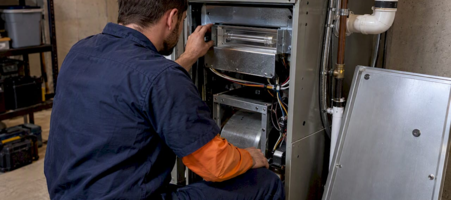 Technician inspecting shielded HVAC UV-C lamp