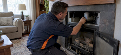 Technician inspecting residential gas fireplace vent