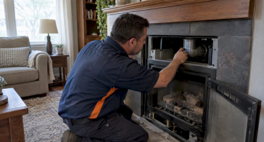 Technician inspecting residential gas fireplace vent