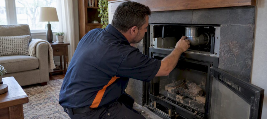 Technician inspecting residential gas fireplace vent