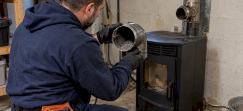 Technician inspecting ash inside pellet stove vent