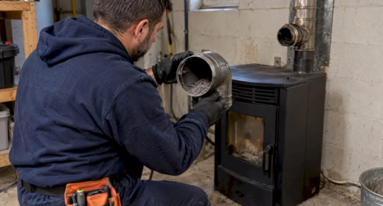 Technician inspecting ash inside pellet stove vent